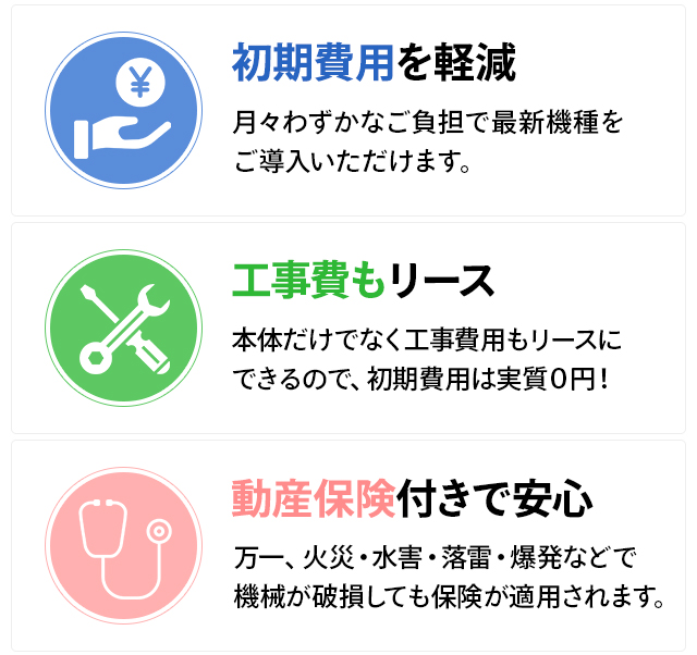 初期費用を軽減・工事費もリース・動産保険付きで安心